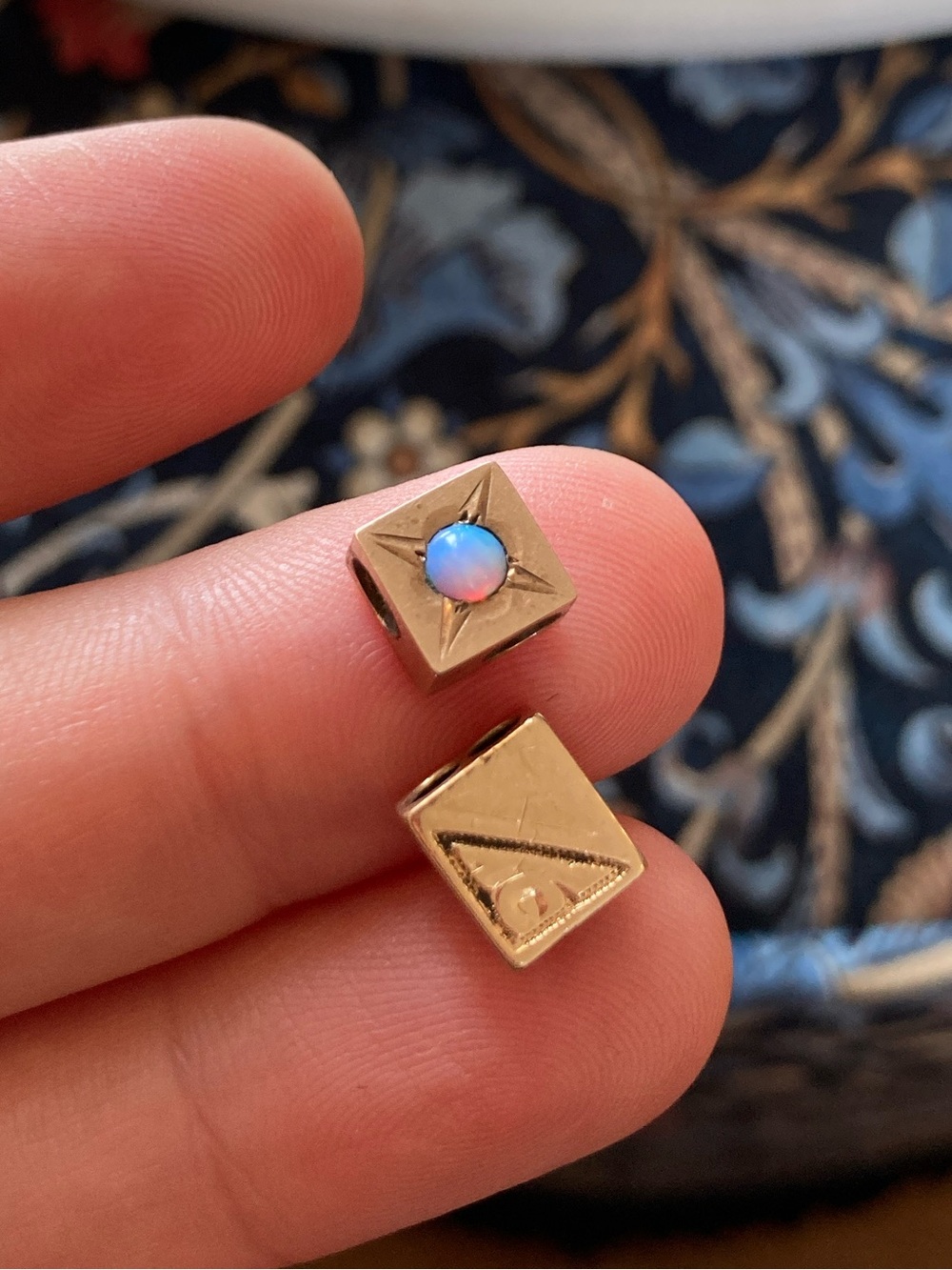 Antique Victorian Opal Starburst & Engraved Detail Gold Watch Chain Slide Charms